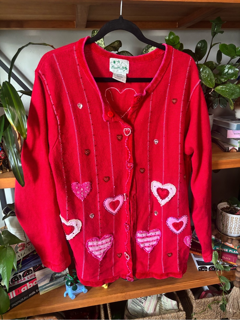 Quacker Factory Women's Valentine's Cardigan Red Heart Appliqué Bead | Large